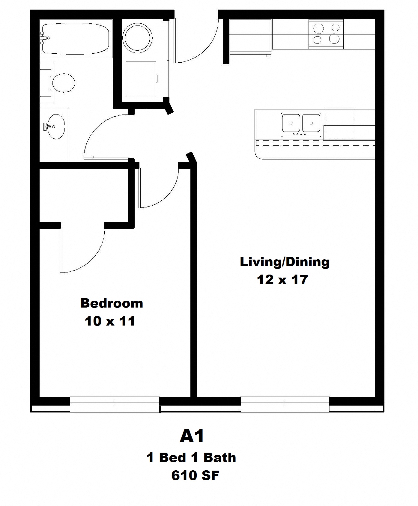 Floor plan for 1 bed, 1 bath, 610 sqft